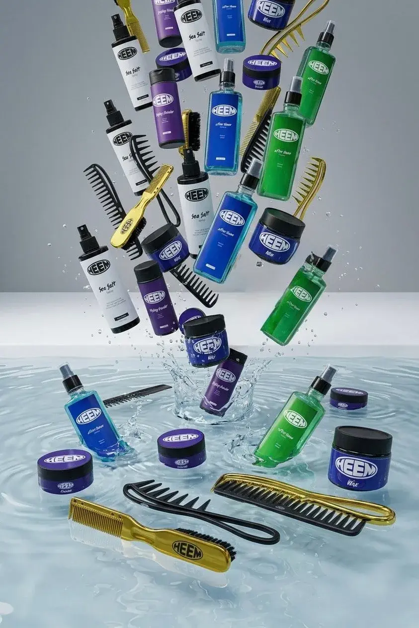 HEEM products and combs splashing into water