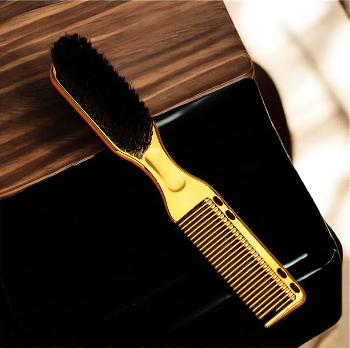 The HEEM Crush comb-and-brush on a leather barber station