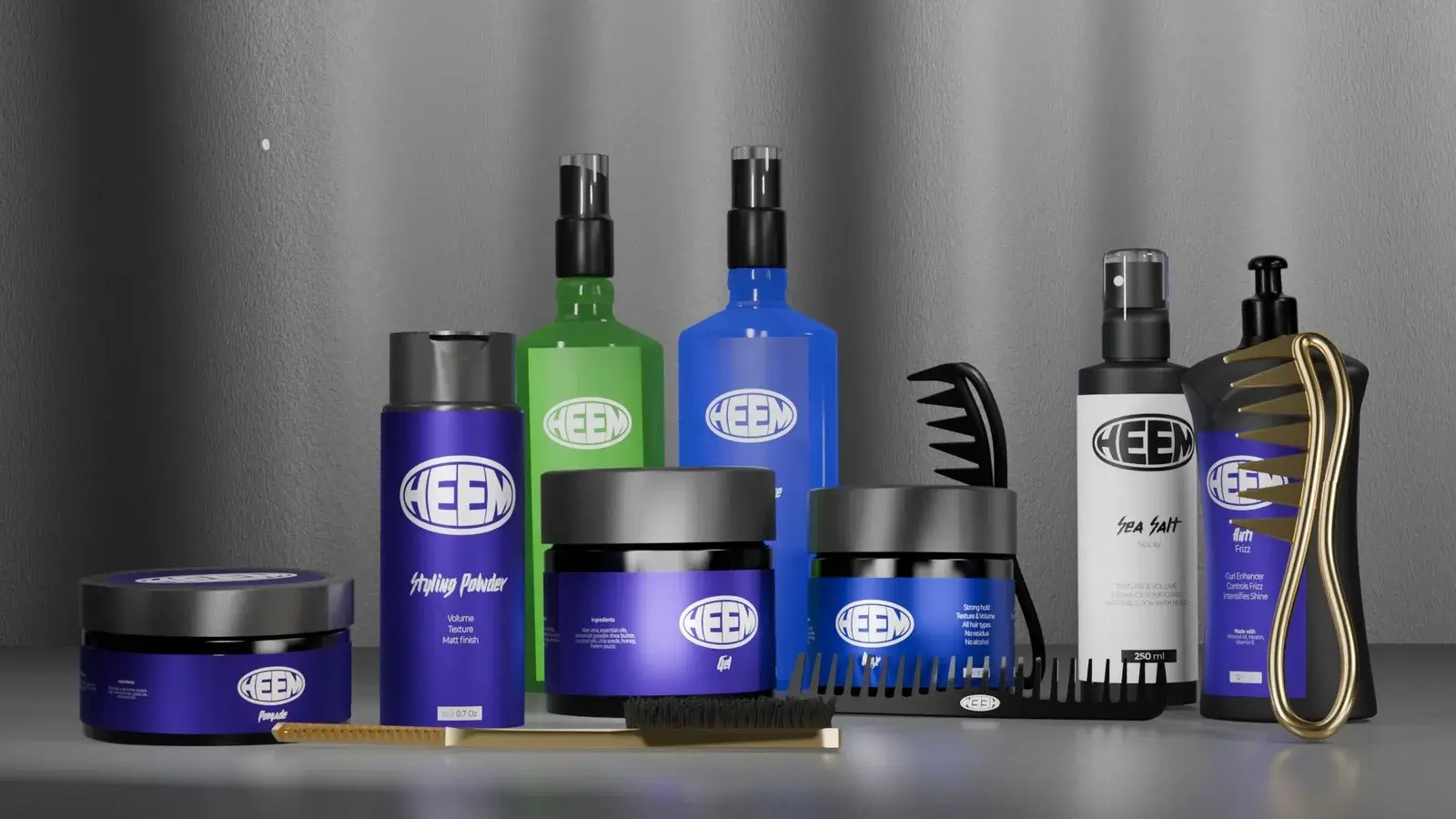 The HEEM hair collection lined up on a studio set