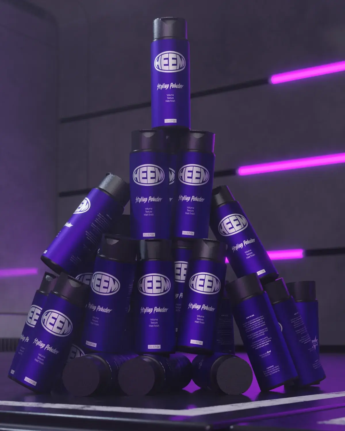 A stack of HEEM Styling Powder bottles under purple light